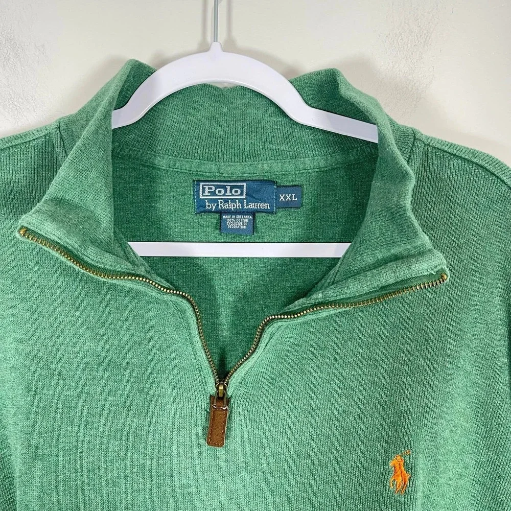 Polo Ralph Lauren Mens Sweater Quarter Zip Pullover Green Orange Pony Preppy XXL
